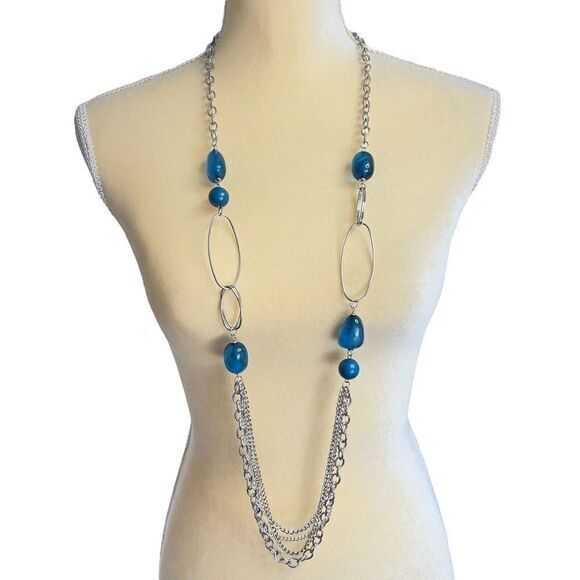 Statement Silver Tone chain Bead Blue Necklace 45 in + 2.5 in Ext. - Picture 1 of 10